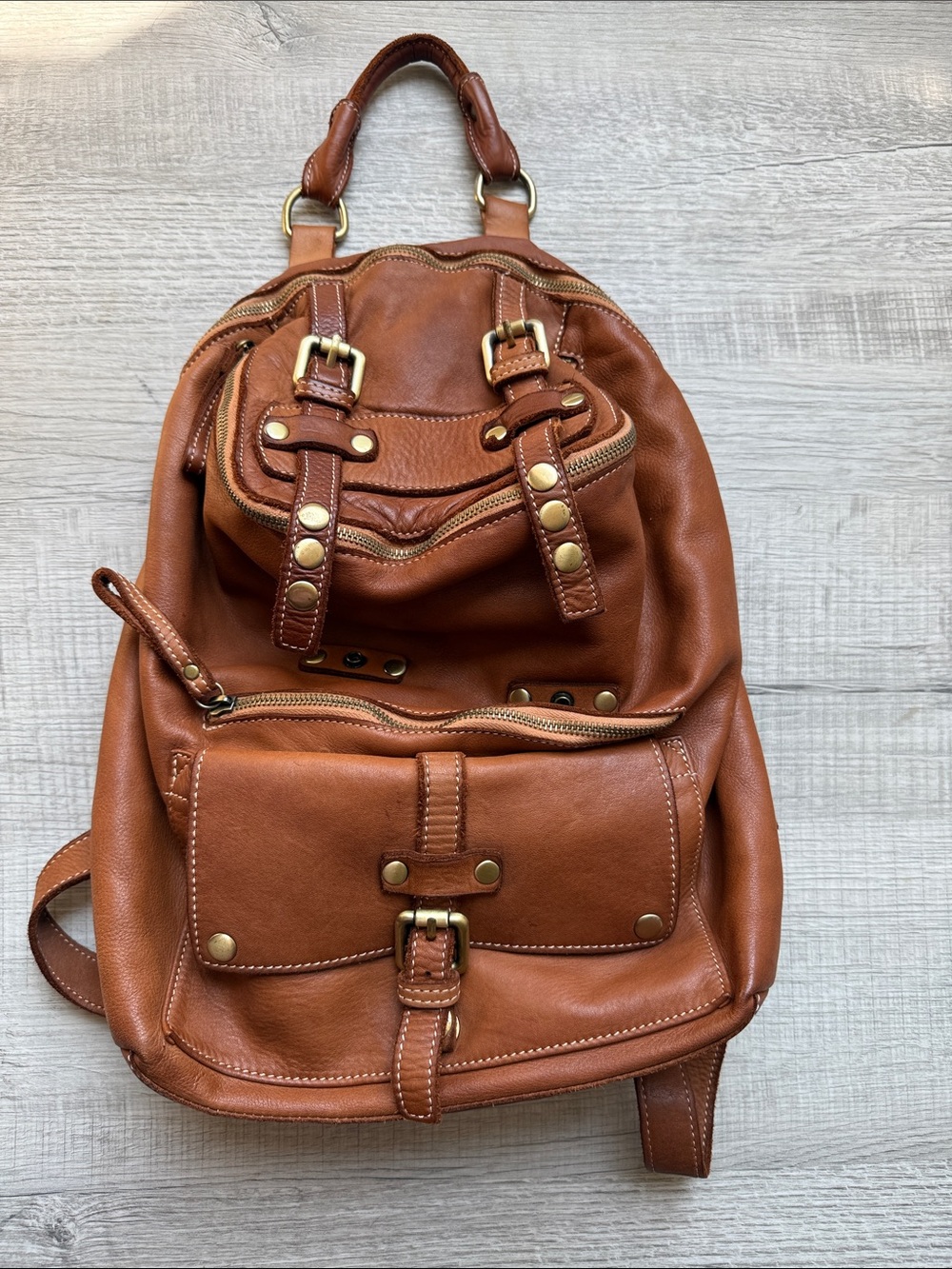 Lusher Stylish Tan Leather Backpack with Brass Accents